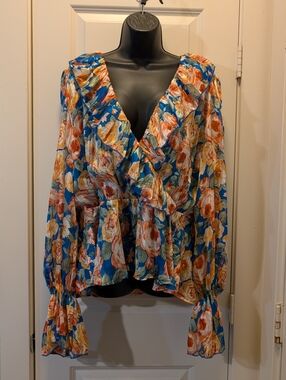 Blue Wrap Frill Multicolored Floral Plus Boutique Blouse